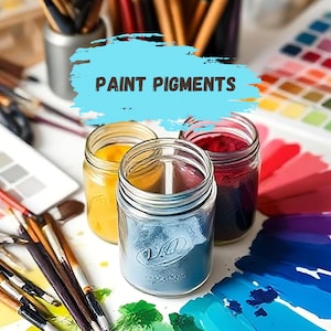 May include: Three glass jars filled with yellow, blue, and red paint pigments. Paintbrushes, colour palettes, and the text "PAINT PIGMENTS" are also visible, suggesting art supplies for painting.