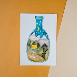 Berg Flasche - Natur inspirierte Postkarte oder Kunstdruck, Cottagecore Wanddekor, gedruckte gemütliche Illustration, Herbst Hauptästhetik