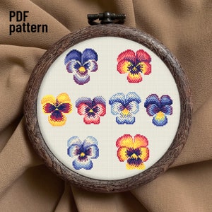 Violas korsstygnsmönster, sött naturligt botaniskt broderi, Cottagecore Sampler Needlepoint, digitalt mönster Xstitch för nybörjare