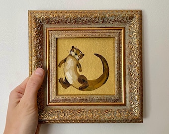Peinture à l'huile miniature originale de loutre espiègle