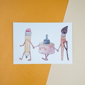 Art Friends - Natur inspirierte Postkarte oder Kunstdruck, Cottagecore Wanddekoration, Gedruckte gemütliche Illustration, Herbsthaus Ästhetik