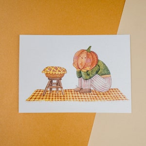 Pumpkin Pie - Natur inspirierte Postkarte oder Kunstdruck, Cottagecore Wanddekor, gedruckte gemütliche Illustration, Herbsthaus Ästhetik