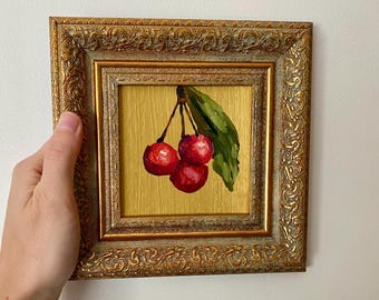Wiśnie Oryginalny Miniaturowy Obraz Olejny