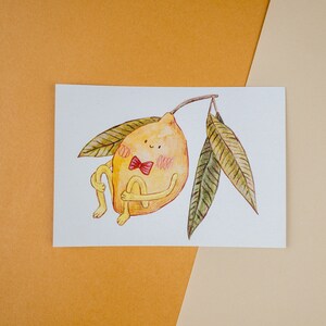 Happy Lemon - carte postale inspirée de la nature ou impression d'art, décoration murale cottagecore, illustration confortable imprimée, esthétique maison automne