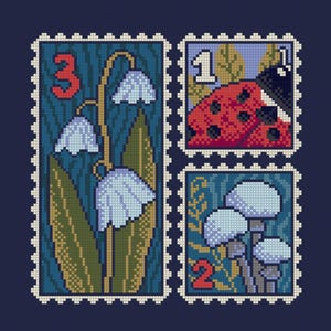 May include: A cross-stitch design featuring three postage stamps. One stamp shows white bell-shaped flowers with the number 3. Another displays a red ladybug with the number 1. The last stamp shows mushrooms with the number 2. All stamps are on a dark blue background.