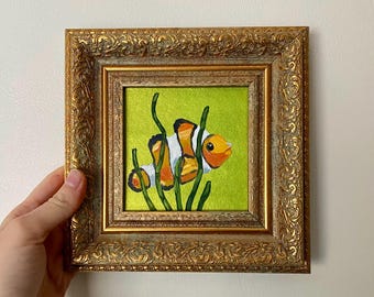 カクレクマノミの油絵：オリジナルインパスト海洋アート（10x10インチ