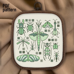 緑の昆虫のクロスステッチパターン、昆虫と甲虫の蝶の刺繍、プリミティブサンプラーニードルポイント、初心者向けデジタルパターンXstitch