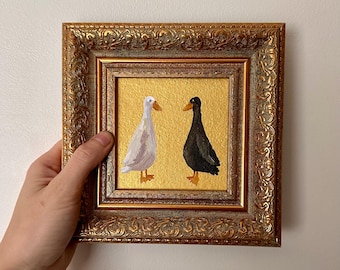 Peinture à l'huile miniature originale de canards noir et blanc