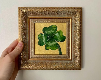Pintura al óleo original en miniatura de Lucky Clover
