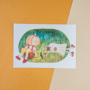 Forest Reportage - Natur inspirierte Postkarte oder Kunstdruck, Cottagecore Wanddekor, gedruckte gemütliche Illustration, Herbsthaus Ästhetik