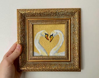 Swan In Love Original Miniature Oil Painting