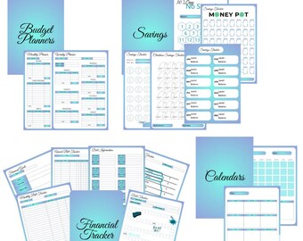 May include: A set of printable budget and savings planner pages with a blue and teal colour scheme. The pages include sections for monthly and weekly budgets, savings trackers, a 30-day no spend challenge, a money pot tracker, and calendars.