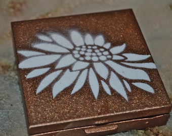 Upcycled Hand Painted Bronze Vintage Compact Mirror With White Sunflower