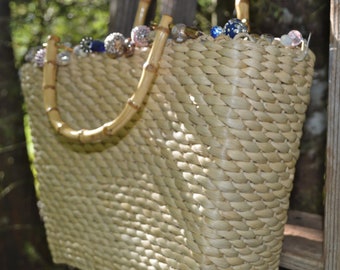 Straw Cappelli's Tote Bag With Bedazzled Beads Vintage Market Tote