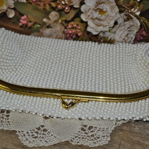 50's White Cord Bead Folding Purse Wedding Purse Vintage Hand Clutch