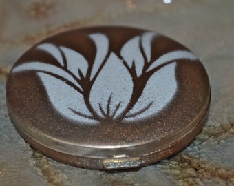 Upcycled Vintage Hand Painted Bronze Metal Mirror Compact With White Tulip