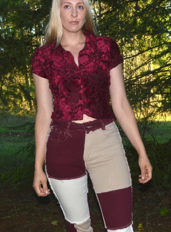 90's Maroon Velvet Collard Button Up top Vintage … - image 2