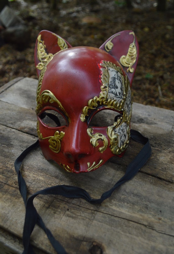 Red and Gold Dog Masquerade Mask Vintage Mask Cost