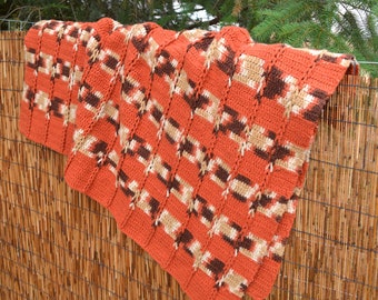 Retro Afghan Orange and Brown 70's crochet Wool Throw Blanket Sofa Blanket