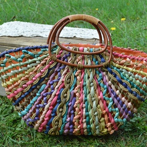 Large Colorful Straw Tote Beach Bag With Wood Handle and Bright Orange Lining Sun and Sand Purse Vintage Straw Bag