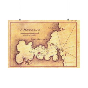 Carta náutica francesa antiga de Port Olivier ou Porto Jero da Ilha de Lesbos, Grécia, Europa, peça de impressão de arte de parede vintage emoldurada