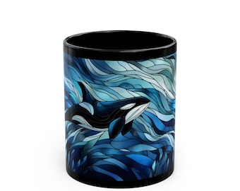 Orca-Themed Black Mug, 11oz/15oz Stained Glass Motife Killer Whale Coffee Tea Cup