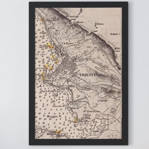 Carte marine ancienne du golfe de Trieste, Italie Art mural vintage encadré, décoration d'intérieur imprimée, pièce