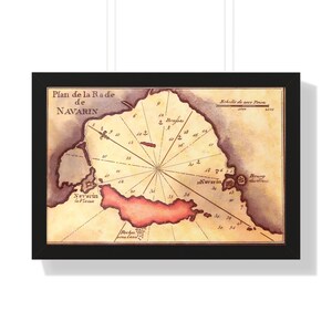 Alte französische Seekarte von Navarino (Pylos) Ankerplatz Griechenland Gerahmtes Hängendes Wandkunst Wohndekor Vintage Weltdruckstück