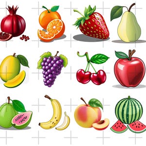Ensemble de clipart fruits premium - Images PNG de haute qualité pour impression numérique et impression | Fraise, pomme, cerise, orange, orange, poire, pêche, mangue