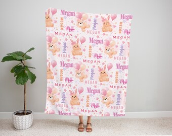 Pink Blue Personalized Baby Girl Boy Bear Rabbit Blanket, Personalized Plush Throw, Gift For Teen/Baby/Adult/Kids, Newborn Girl Boy Gift