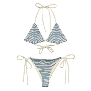 Rustic Blue Zebra Print String Bikini, ibiza swim, patterned bikini, gifts, summer holiday vacation, poolside, unique swimwear, teen girl