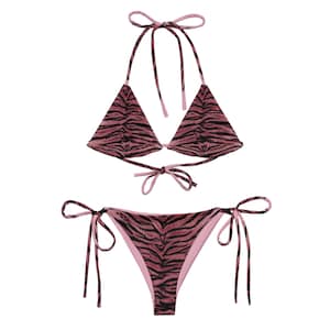 Pink wild tiger print string bikini, ibiza swim, patterned bikini, gifts, summer holiday vacation, poolside, unique swimwear, teen girl