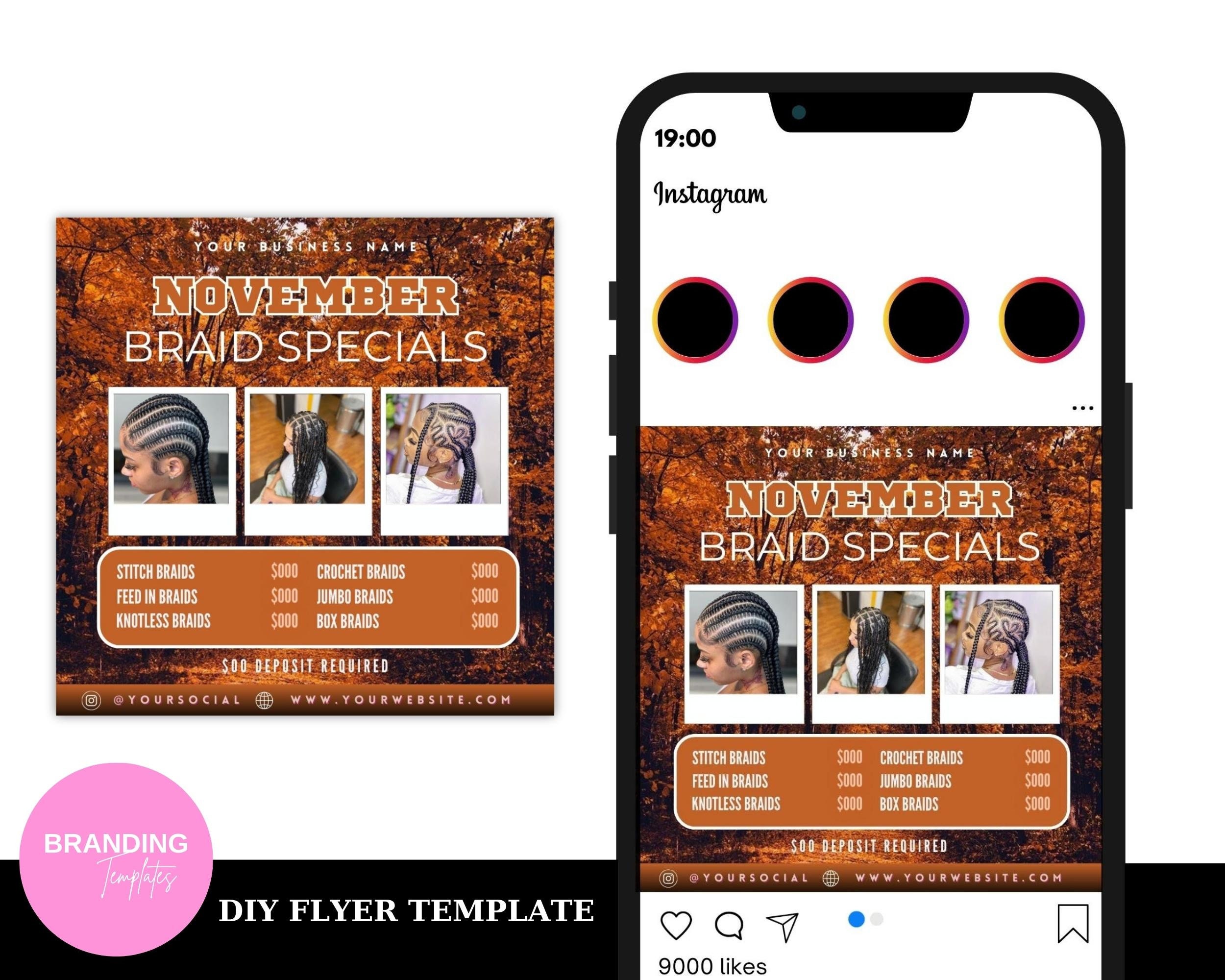 November Braid Flyer, Braids Flyer, Book Now Flyer, DIY, Braids Special ...