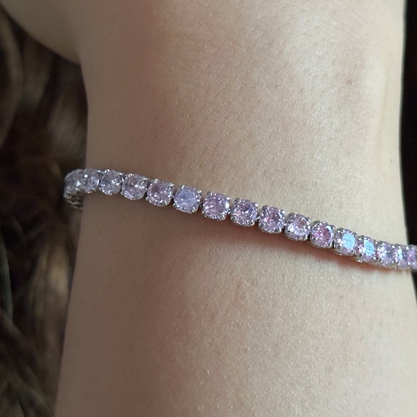 Tennis Bracelet, Pink Silver Tennis Bracelet, Cubic Zircon, Diamond Bracelet, Gift for Her, Thin Minimalist Bracelet, Gift for mom,handmade
