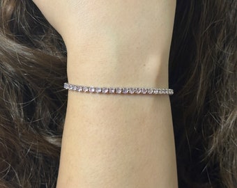 Tiny Tennis Bracelet, 2mm Pink Silver Tennis Bracelet, Cubic Zircon, Diamond Bracelet, Gift for Her, Thin Minimalist Bracelet