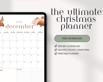 May include: A printable December 2023 calendar with a Christmas theme. The calendar has a red truck with a Christmas tree on top, a brown and white tree, and a red and white tree. The calendar has space for notes and to-do lists.