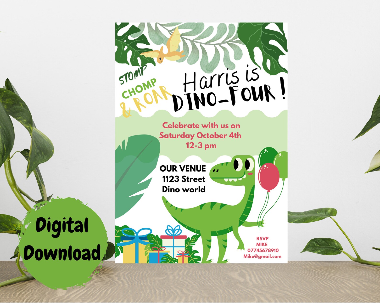 Editable Party Invitation, Dino-four Kid's Dinosaur Birthday Party ...