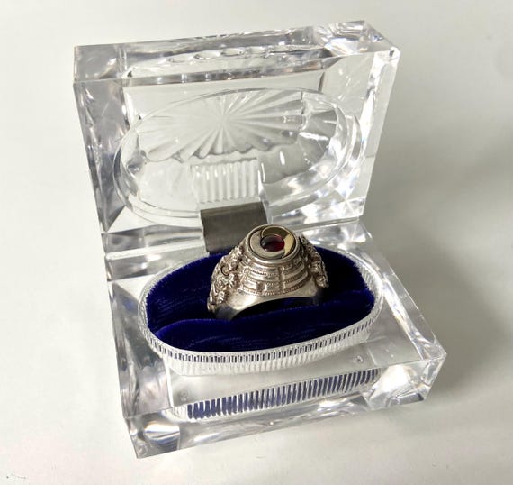 Bague à Secret Vintage Argent 925 - Gravée "Ich Atme Tief..." Avec Insert Or Et Pierre Rouge