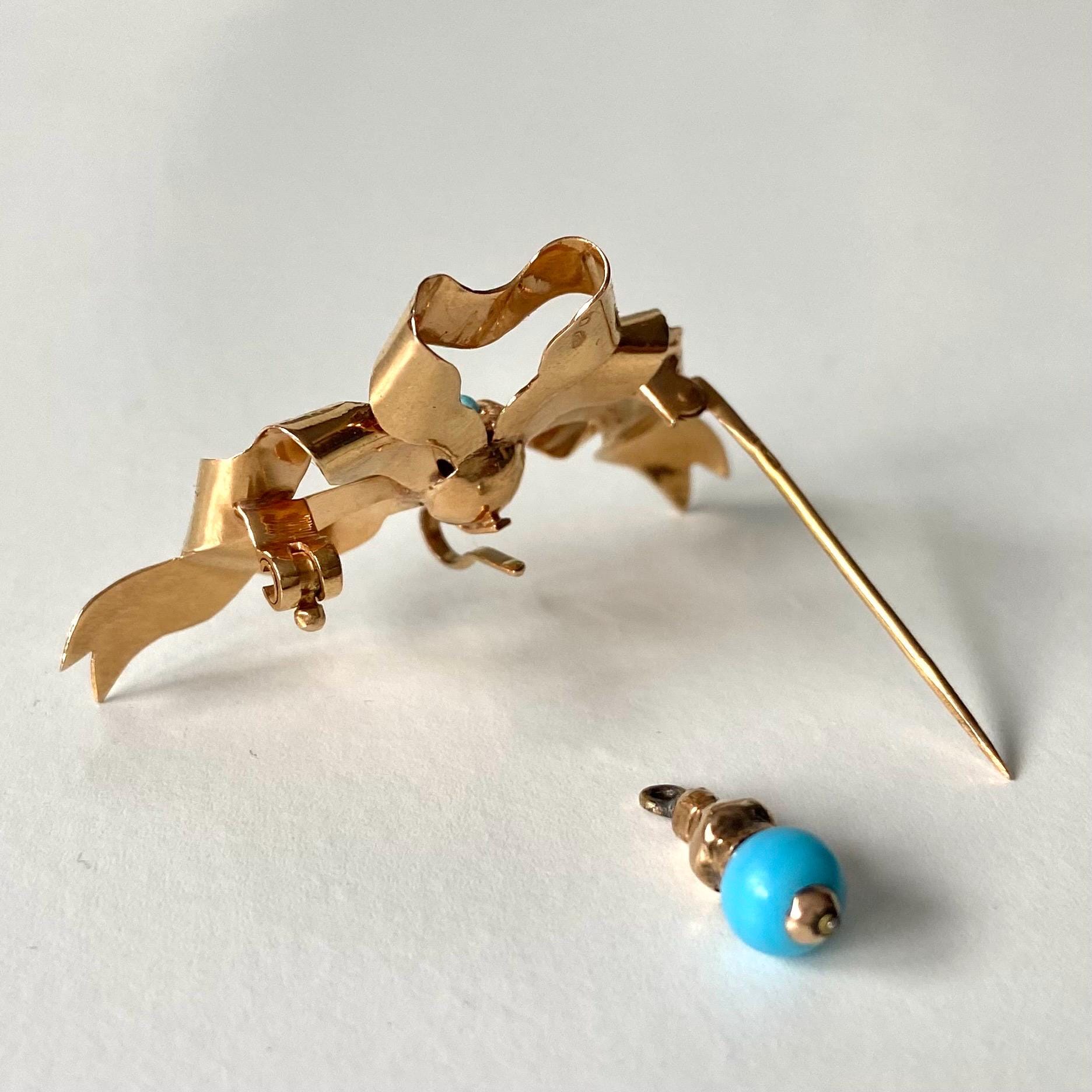 Broche Ancienne Or 18 Carats Avec Turquoises Et Marcasites - Bijou Vintage, Occasion Portée