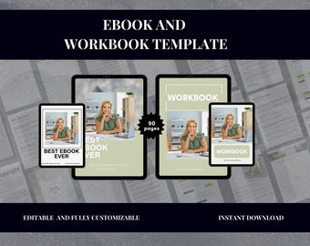 May include: A digital product mockup featuring a green and white ebook and workbook template with a woman on the cover. The text "EBOOK AND WORKBOOK TEMPLATE" is at the top of the image. The text "90 pages" is in a starburst shape. The text "BEST EBOOK EVER" is on the smaller ebook cover. The text "WORKBOOK" is on the larger workbook cover. The text "EDITABLE AND FULLY CUSTOMIZABLE" is at the bottom left of the image. The text "INSTANT DOWNLOAD" is at the bottom right of the image.