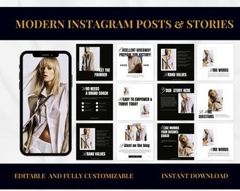 May include: A set of 10 customizable Instagram post and story templates featuring a woman wearing a white shirt and a brown jacket. The templates include text such as "Meet the Founder", "Who Needs a Brand Coach", "Ready to Empower and Thrive Today", "Brand Values", "Your Story Here", "Latest on the Blog", "Lise Morris Your Business Coach", "Dame Questions", and "Kind Words".