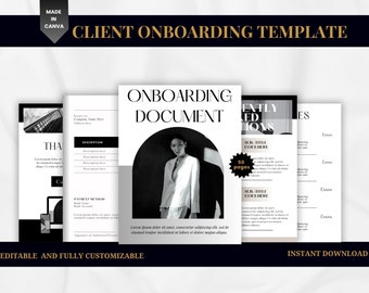 May include: A black and white client onboarding template with the text "ONBOARDING DOCUMENT" in a bold, sans-serif font. The template includes a black and white photo of a woman, a section for payment methods, and a section for frequently asked questions. The template is editable and fully customizable and includes 50 pages.