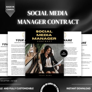 Contract Template for Social Media Manager, Client Contract Agreement Editable Canva, Service Agreement Template, freelance contract guide