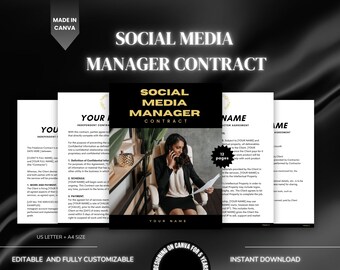 Plantilla de contrato para gestor de redes sociales, acuerdo de cliente editable en Canva, plantilla de contrato de servicio, guía de contratos para autónomos