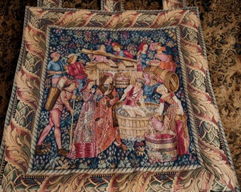 Vintage German Jacquard Gobelin Tapestry, Medieval Wine Harvest Scene Woven Wall Hanging, Vintage European Art, Home Decor