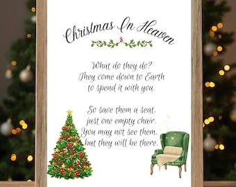 May include: A printable Christmas quote with a green armchair and a Christmas tree. The quote reads "Christmas in Heaven. What do they do? They come down to Earth to spend it with you. So save them a seat, just one empty chair. You may not see them, but they will be there."