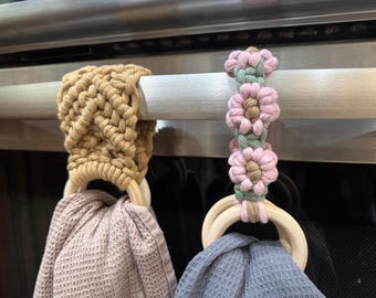 Macrame Dish Towel Holder Set: Flower & Solid Color, Boho Kitchen Decor