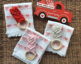 Valentine's Day Heart Macrame Dish Towel Holder Set,  Ring, Hanger for Kitchen