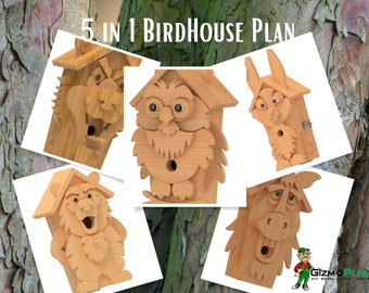 Birdhouse Plan Bundle - Owl, Bear, Horse, Tall Rabbit, and Wolf - 5 in 1 birdhouse pattern collection - DXF, SVG files