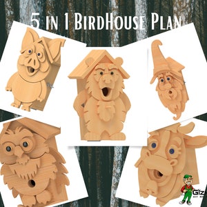May include: Five wooden birdhouse plans featuring different animal designs: a pig, a bear, a gnome, an owl, and a cow. Each birdhouse has a unique face and a hole for birds to enter. The plans are labeled "5 in 1 Birdhouse Plans".